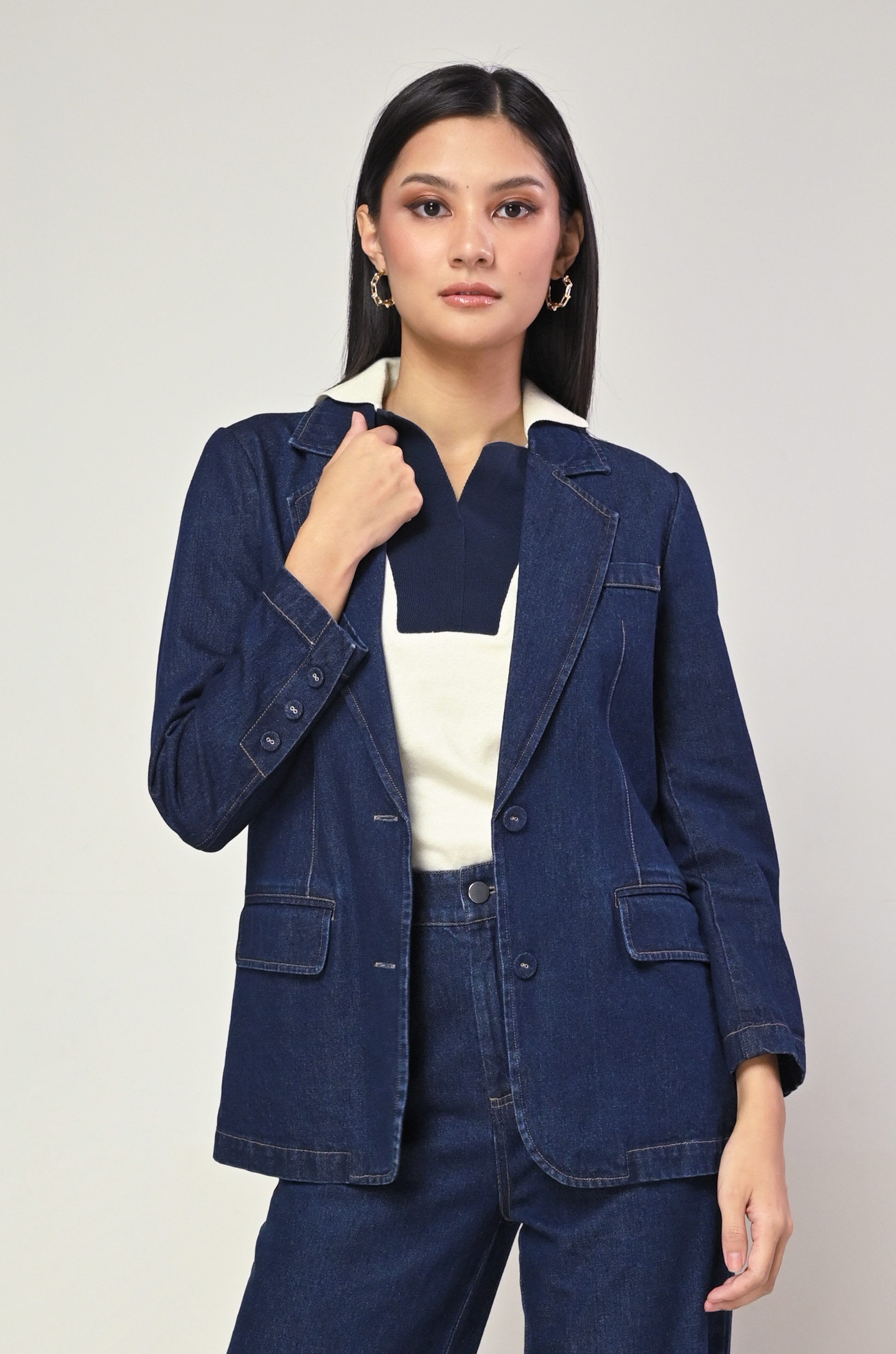 Terrain Ivann Long Sleeve Denim Blazer Blue Denim Plains Prints