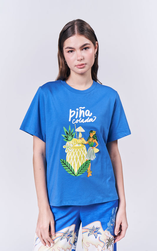 Summer Tees 2025 Piña Short Sleeve Shirt Top (Blue)